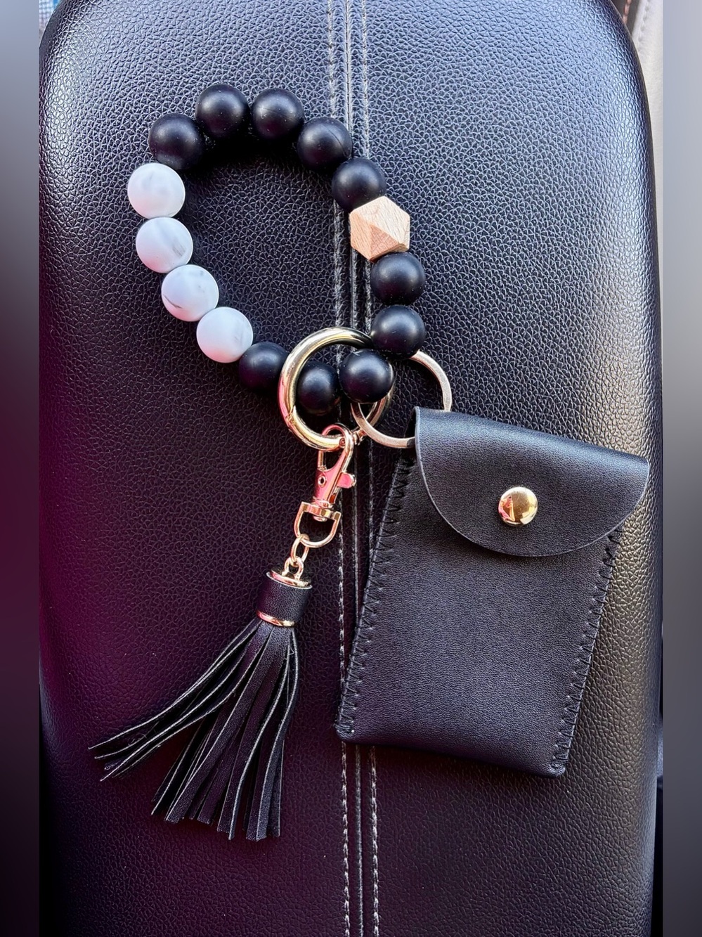 Black Beaded Wristlet Keychain with Black Tassel and Mini Pouch
